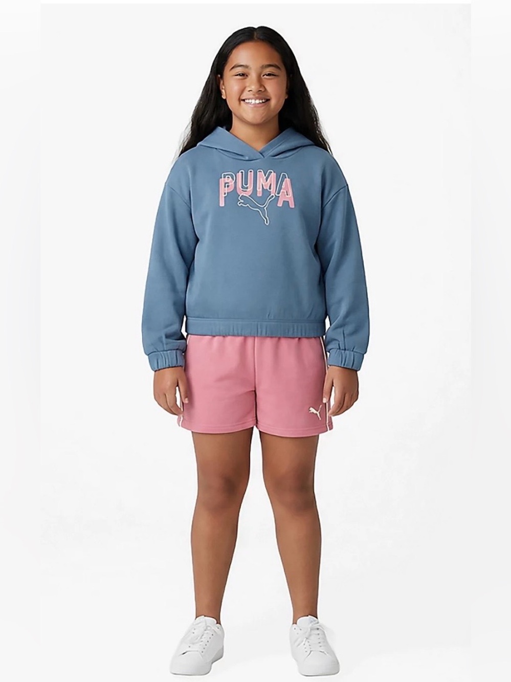 Puma  Fleece Hoodie and Shorts Matching set, Color Cool Blue and Pink/Size: 6